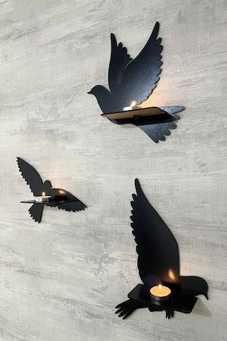 Dekoratif Kuş Duvar Rafı 3 Lü Set 30 Cm Duvar Mumluğu Siyah