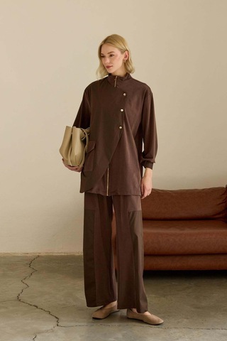 Hilay Edora Fermuarlı Süet Garnili Pantolonlu Takım Kahverengi Kahverengi