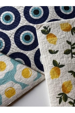 Renkli Desenli İsveç Bezi - 3'lü Paket, Tekrar Kullanılabilir Açık Bej