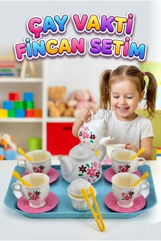 Çay Vakti Fincan Setim 17 Parçalı Çiçek Desenli 4 Fincalı Ve Çaydanlıklı Evcilik Oyun Seti 1