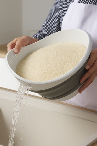 5'li Akordiyon Süzgeç Seti - Pirinç, Oval, Yuvarlak, Saplı, Kare Süzgeç - Katlanır Süzgeç Seti Beyaz - Gri