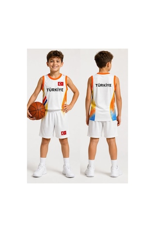 Sonvadi Çocuk Basketbol Forması Türkiye Armalı Beyaz 3 Parça Çorap Beyaz