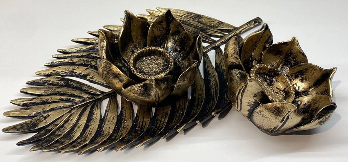 Dekoratif Polyester İkili Çınar Yaprak Mumluk Gold Siyah Eskitme