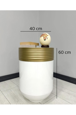 Elegant Dekoratif Eskitme Darbuka Parlak Beyaz Sehpa 60cm