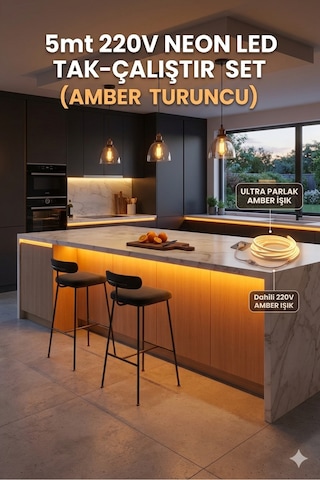 5 Metre Amber 220v Neon Led Şerit - Tak Çalıştır Set - Fişli Esnek Şerit Led,kerhribar ,turuncu Led,mutfak,tezgah Ledi Amber Renk