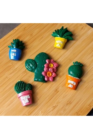 Uretti - Pınar 2572 - 5117 El Yapımı 5'li Tematik Minyatür Kaktüs Magnet - Koyu Yeşil 5