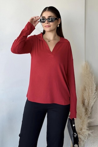 Kadın Kırmızı Polo Yaka Basic Bluz, Uzun Kol, Regular Kesim, Günlük Ve Spor Sweatshirt Kırmızı