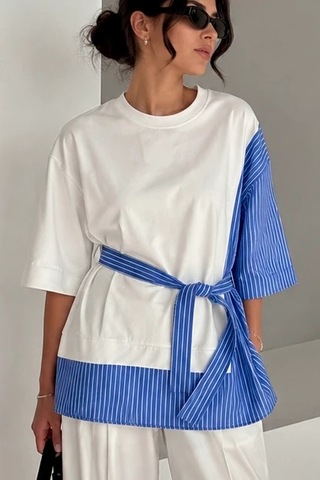 Bb Butik Basic Dokuma Garnili Kuşaklı Oversize Bluz Çizgili Detaylı Salaş Kesim Kadın Bluz My3535 Mavi