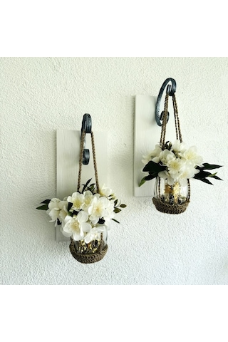 Duvar Dekoru, Led Işıklı, Beyaz Yasemin Çiçekli, Beyaz Aplik İkili Set