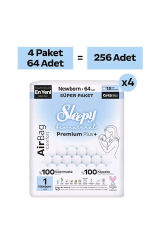 Sleepy Bio Natural Premium Plus Airbag Comfort Ultra Paket Bebek Bezi 1 Numara Newborn 256 Adet