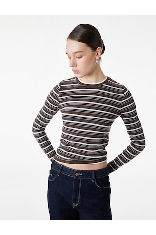 Koton Slim Fit Uzun Kollu Bisiklet Yaka Çizgili Tişört Kahverengi Çizgili 6sak80111ek Kahve Çizgili