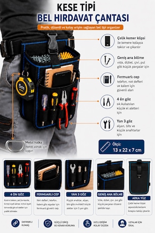 Bel Tipi Alet Çantası Hırdavat Çantası Çivi Vida Dübel Kesesi Çok Fonksiyonlu Organizer 13cmx22cmx7cm