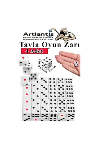 Tavla Zarı 4 Adet Beyaz Zar Akrilik 8.5 Mm Masa Oyunu Kırmızı Siyah Noktalı Beyaz Oyun Zarlar