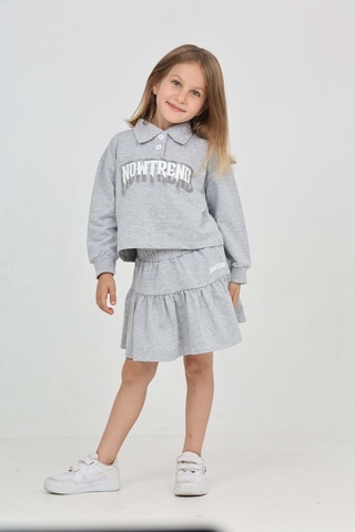 Toontoy Kız Çocuk Nowtrend Baskılı Etekli Takım Gri Melanj