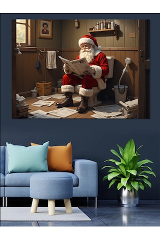 Tuvalette Oturan Noel Baba Dekoratif Kanvas - Mdf Ahşap Tablo