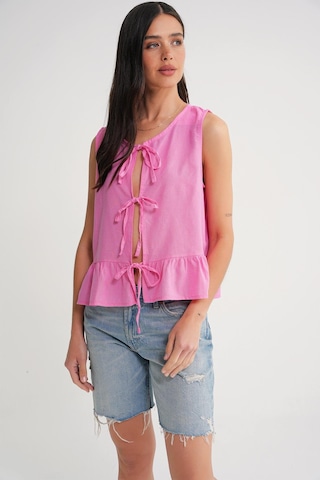 Mixray 4717 Kadın Önü Bağcıklı Fırfırlı Kolsuz Keten Bluz Pembe