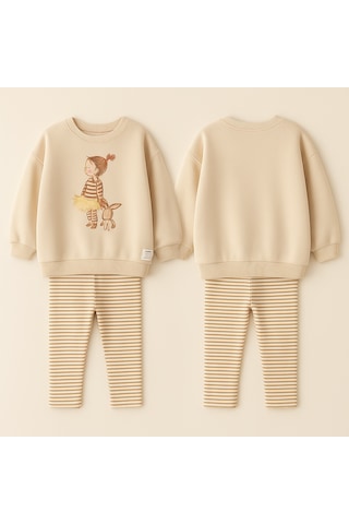 Kız Çocuk Balerin 3d Tütü Aplike Detaylı Sweatshirt Çizgili Tayt Alt Üst Takım KREM
