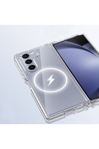 Vendas Galaxy Uyumlu Z Fold 6 Kılıf M-safe Şarj Özellikli Şeffaf Sert Pc Zore Embos Kapak + Kamera Lens + Nano Ekran Koruyucu Şeffaf