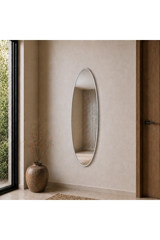 Modern Oval Boy Aynası 40x120 Cm İnce Çerçeveli Minimalist Dekoratif Duvar Aynası Gümüş