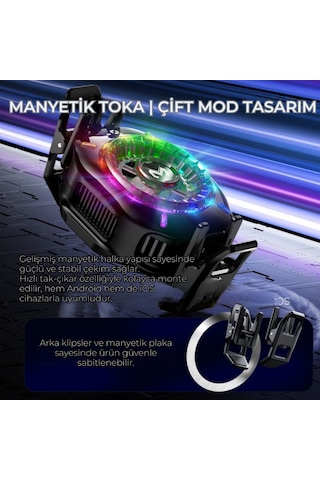 Polham Magsafe Ve Klipsli Süper Hızlı Telefon Soğutucu 5000rpm, Rgb Led, Dijital Isı Göstergeli