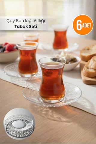 6'lı Çay Bardağı Altlığı Tabak Seti - Mika Kristal Çay Tabağı Şeffaf
