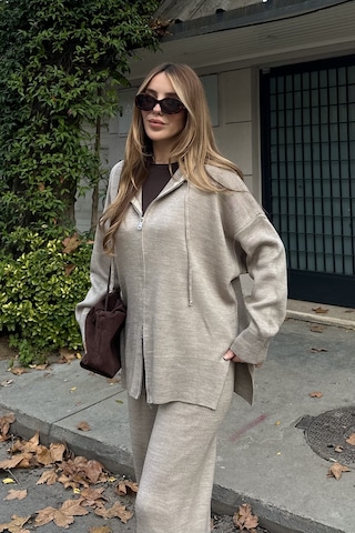 Vizon Fermuarlı Kapüşonlu Triko Takım - 0511 Vizon