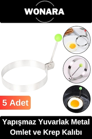 Premium Seri Yapışmaz Kaplamalı Dayanıklı Şık Tasarımlı Yuvarlak Metal Omlet Ve Krep Kalıbı 5 Adet