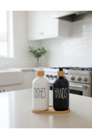 2'li Sıvı Sabun Ve Bulaşık Deterjanı Seti 500 Ml Hacimli Bambu Kapak Ve Ahşap Standlı Beyaz - Siyah