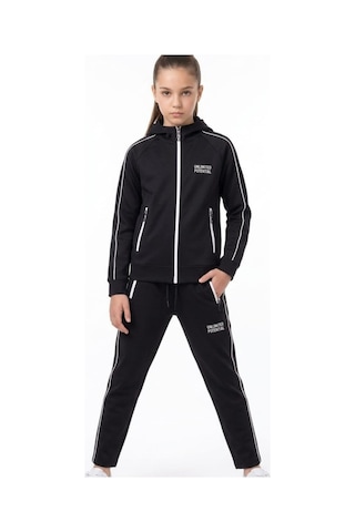 Pina Kids Kız Çocuk Unlimited Şeritli Kapüşonlu Düz Paça Reglan Kol Dalgıç Kumaş Eşofman Takımı Esf7013 siyah
