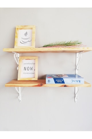 2'li Beyaz Ferforje Metal Ayaklı, Ahşap Kitaplık Duvar Rafı 50x11