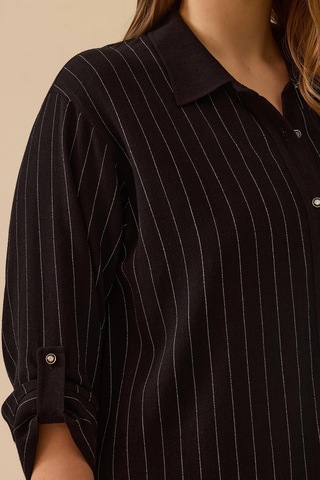 Galaxi Kadın Büyük Beden Çizgili Düğmeli Gömlek 4027 Siyah Siyah