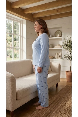 Eyfuze Kadın Kışlık Büyük Beden Nakışlı Desenli Yakası Düğmeli Uzun Kollu Pijama Takımı Açık Mavi