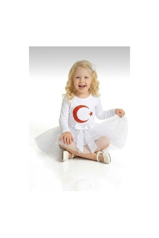 Nacar Store Kız Çocuk 23 Nisan 29 Ekim Gösteri Kıyafeti Ayyıldız Beyaz Uzunkol T-shirt Beyaz Tütü Etek Takım Beyaz-beyaz