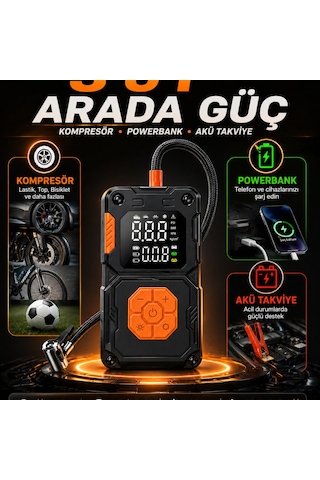 5000 mAh Taşınabilir Hava Pompası Kompresör 3 Ü 1 Arada Akü Takviye Powerbank Dijital Ekran 150 Psı Araç Lastik Şişirme Cihazı