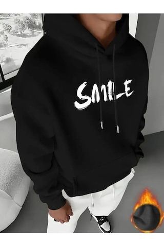 Nevermind Unisex Oversize Smile Yazılı Hoodie Trend Streetwear Kapüşonlu Siyah