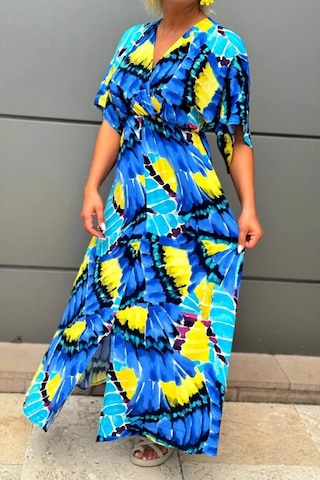 Mia Butik Kadın Mavi Mozaik Desen Kruvaze Yaka Elbise-1495 Mavi