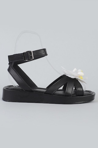 Shoetek Ellisa Kadın Sandalet Çapraz Bantlı Çiçekli Siyah Deri Siyah