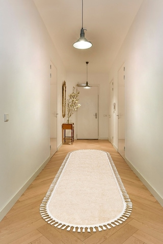 Oval Comfort Puffy Ponpon Saçaklı Peluş Yolluk Bej