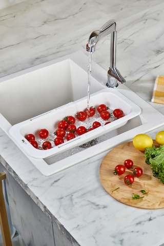 Lavoba İçi Sürgülü Açılır Kapanır Sebze Meyve Süzgeci Beyaz Açık 38,5 Cm Kapalı 34,50 Cm Beyaz