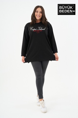 Süperlife Kadın Tunik Büyük Beden Capri Island Baskılı İnce Sweatshırt Spr26btk990-1 Siyah