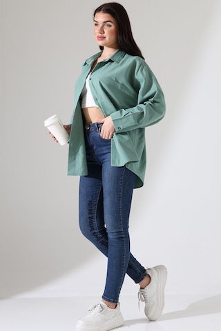 Yeni Sezon Poplin Kumaş Çift Cepli Oversize Pamuklu Kadın Tunik Gömlek Yeşil