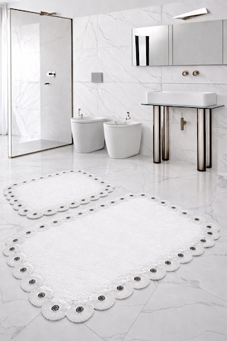 Gülruba Köşeli Beyaz Çeyizlik Dantelli 2'li Banyo Paspası Seti Kaymaz Tabanlı Klozet Takımı Kahve