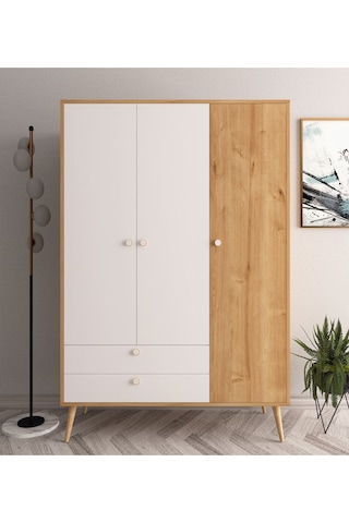 Floradesign Tema Elbise Dolabı Üç Kapaklı Çekmeceli Dolap Gardırop 120cm Meşe