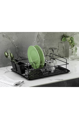 Siyah Tek Katlı Bulaşıklık – Bulaşık Sepeti, Tabaklık ve Kaşıklık, Dayanıklı Metal 45x34x10 cm - (TB-01 E)