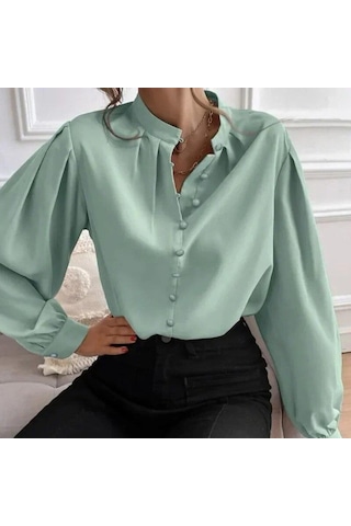 Yarım Açık Yaka Bluz 2023 Sonbahar Gömlek Kadın Düz Renk Gevşek Uzun Fener Kollu Zarif Giysiler Blusas Tops 29732 Açık Yeşil