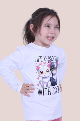 Life Is Better With Cats Baskılı Kız Çocuk Uzun Kol Beyaz Sweatshirt Beyaz