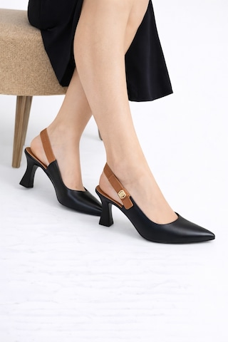 Dadwolf Kadın Slingback Topuklu Ayakkabı Sivri Burun 5,5 Cm Orta Topuk Bantlı Zarif Günlük Ofis Stiletto Siyah