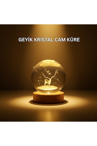 Usb Bağlantılı Geyik Temalı Kristal Küre Premium Masa Gece Lambası Standart