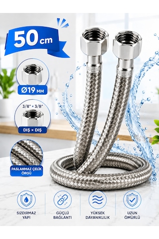 50 Cm Paslanmaz Çelik Örgülü Flex Hortum 3/8'x3/8' - Klozet Ve Taharet Musluğu Için Dayanıklı Bağlantı Hortumu 5,0 3 Değerlendirme