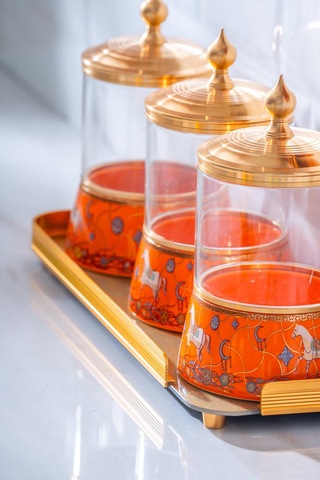 Passifolia 4 Parça Tepsili Cam Baharat Kavanoz Seti Turuncu
